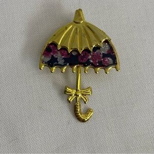 Gold Umbrella Brooch with Floral Enamel Detail – Vintage Style Pin